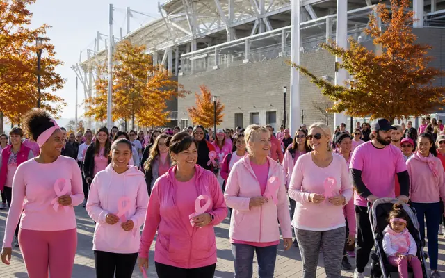 Breast cancer awareness walk participants gathered outside a stadium