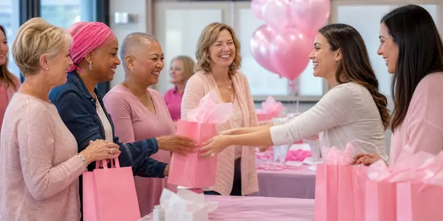 People receiving pink resource bags at a community event