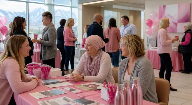 People visiting a pink community resource fair