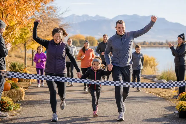 Families running together through an autumn landscape at Thanksgiving Point