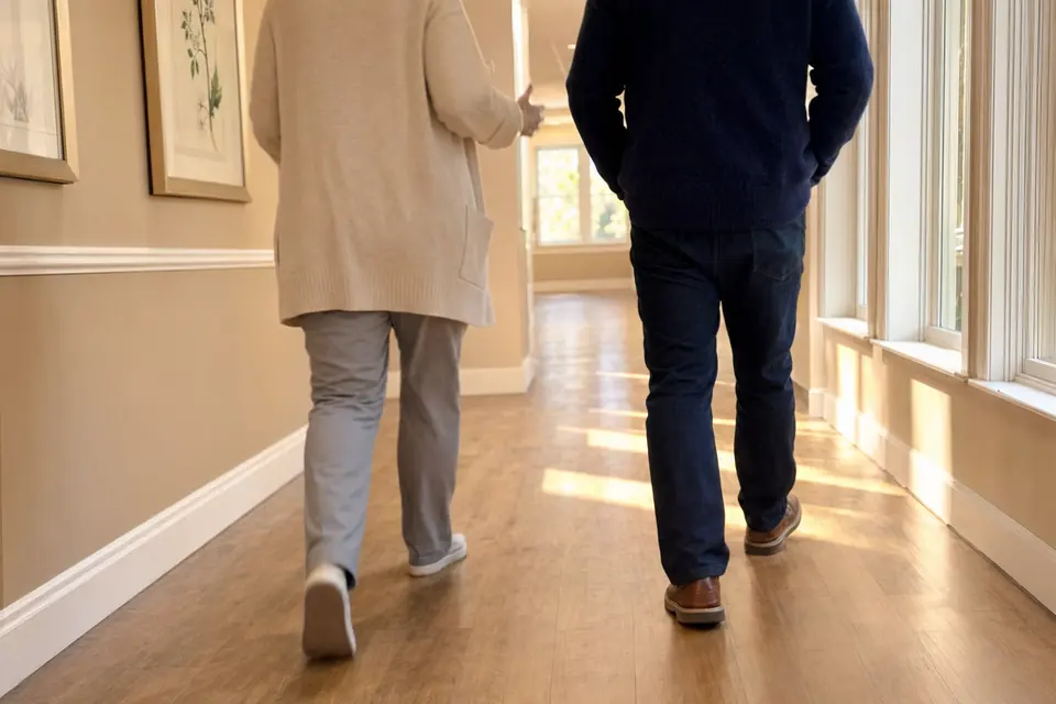 A patient walks alongside a care advocate down a sunlit clinic hallway