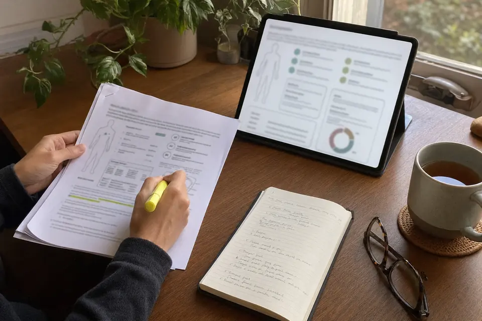 Hands at a sunlit desk with a tablet, notebook, and study materials