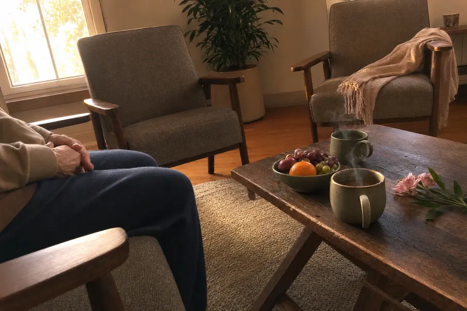 A warm community wellness room with chairs gathered for a quiet group session