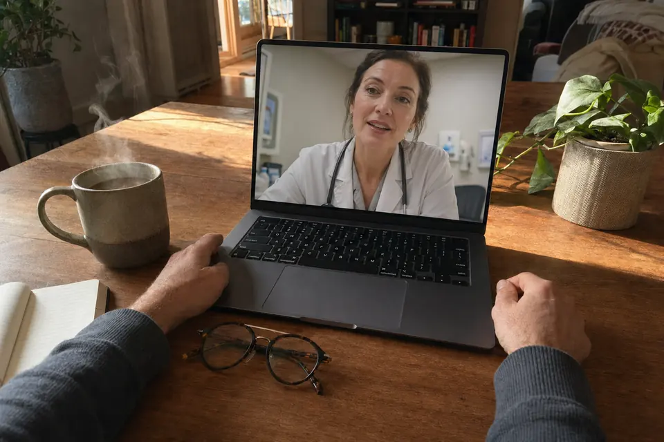 A laptop on a sunlit kitchen table set up for a virtual care visit at home