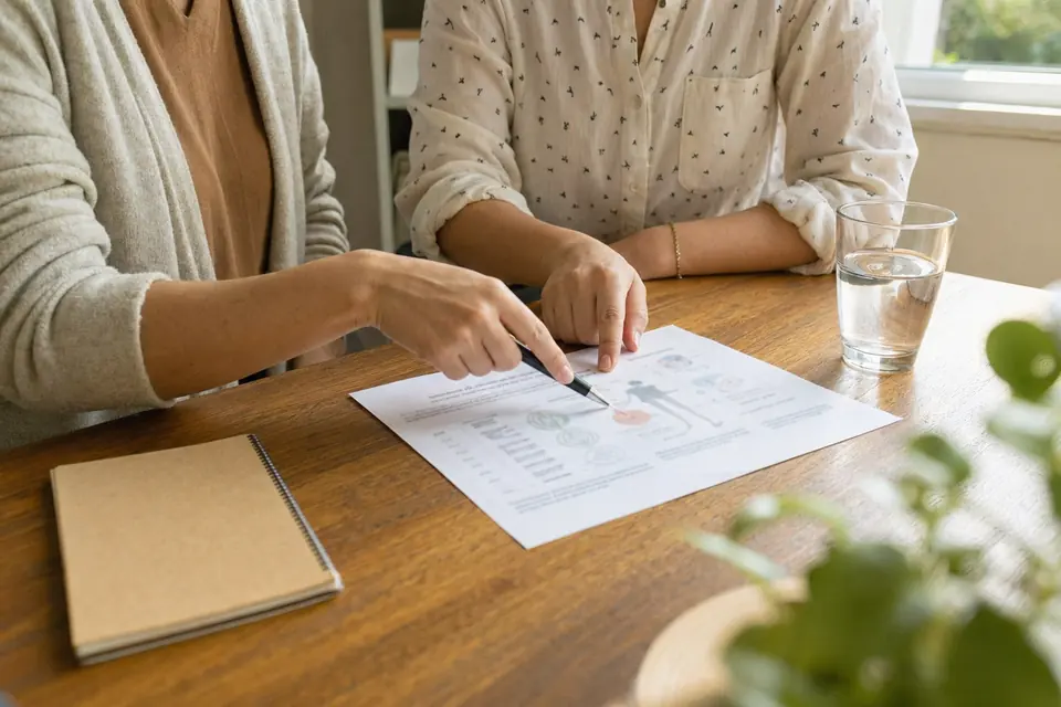 Two people review a treatment plan together at a sunlit clinic table