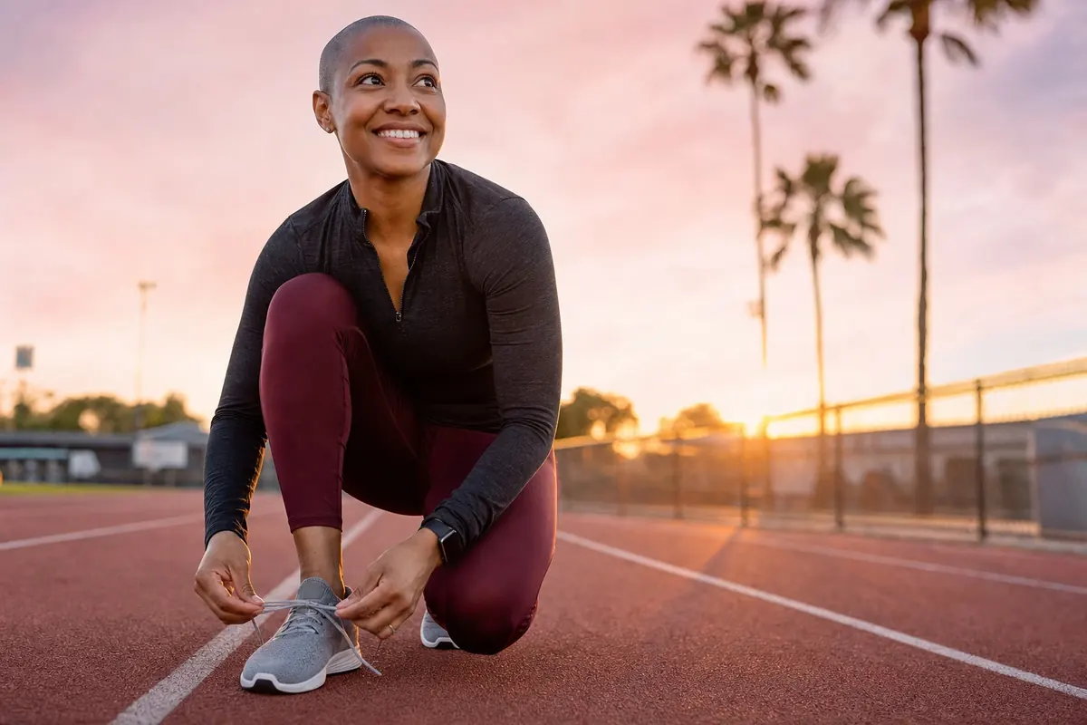 Jasmine K. lacing up her running shoes on the track at dawn